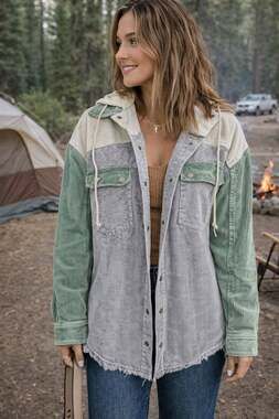 Women's Colorblock Corduroy Hooded Shacket with Frayed Hem